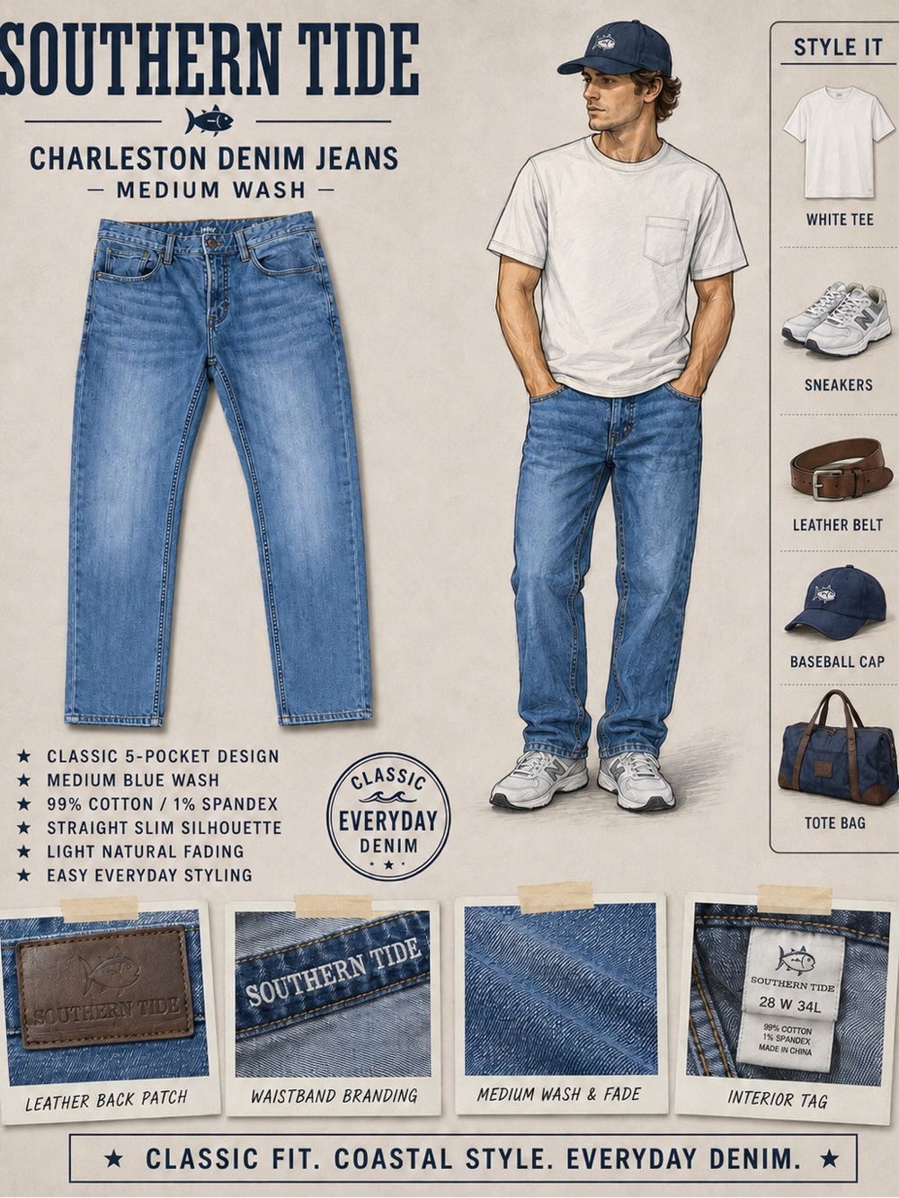 Southern Tide Charleston Jeans Mens 28Wx34L Medium Wash Stretch Denim